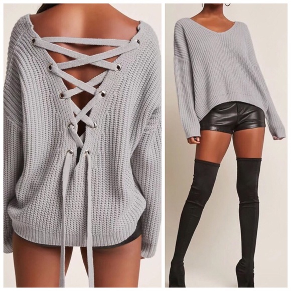 Kalli Collection Sweaters - New grey lace-up sweater